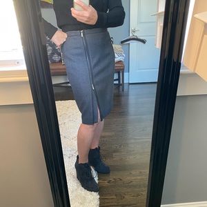 J Crew grey wool knee length skirt. Size 8P. Zipper details, adjustable at knee